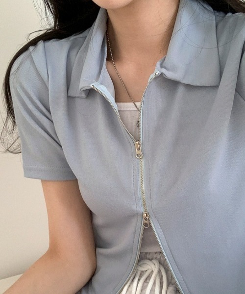 BEIDELLI（ベイデリー）の「[BELLIDE MADE] 2way襟付き半袖ジップアップ（Tシャツ/カットソー・レディース・ベージュ/アイボリー/ブラック/スカイブルー・FREE）」の11枚目の写真