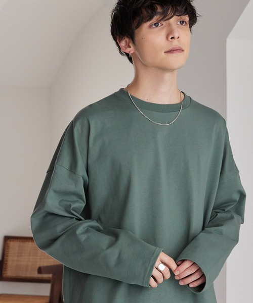 MONO-MART（モノマート）の「リラックスルーズベーシックT オーバーサイズ ラスティックコットン L/Sカットソー（Tシャツ/カットソー・メンズ・ホワイト/ブラック/ダークオリーブ/グレイッシュブルー/チャコール/ライトベージュ/ライトグレー/グレー系/ライトブルー/オリーブ/スモークピンク/パープル/ベージュ/ライトブラウン/ブラウン/ダークネイビー/スモークグレー/ライトグリーン/チェリーレッド/ダークブラウン/ダークブルー・M/L/S/XL）」の12枚目の写真