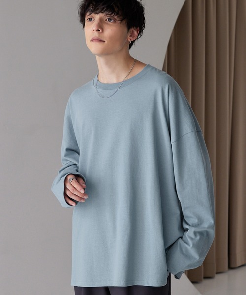 MONO-MART（モノマート）の「リラックスルーズベーシックT オーバーサイズ ラスティックコットン L/Sカットソー（Tシャツ/カットソー・メンズ・ホワイト/ブラック/ダークオリーブ/グレイッシュブルー/チャコール/ライトベージュ/ライトグレー/グレー系/ライトブルー/オリーブ/スモークピンク/パープル/ベージュ/ライトブラウン/ブラウン/ダークネイビー/スモークグレー/ライトグリーン/チェリーレッド/ダークブラウン/ダークブルー・M/L/S/XL）」の17枚目の写真