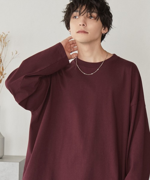 MONO-MART（モノマート）の「リラックスルーズベーシックT オーバーサイズ ラスティックコットン L/Sカットソー（Tシャツ/カットソー・メンズ・ホワイト/ブラック/ダークオリーブ/グレイッシュブルー/チャコール/ライトベージュ/ライトグレー/グレー系/ライトブルー/オリーブ/スモークピンク/パープル/ベージュ/ライトブラウン/ブラウン/ダークネイビー/スモークグレー/ライトグリーン/チェリーレッド/ダークブラウン/ダークブルー・M/L/S/XL）」の21枚目の写真