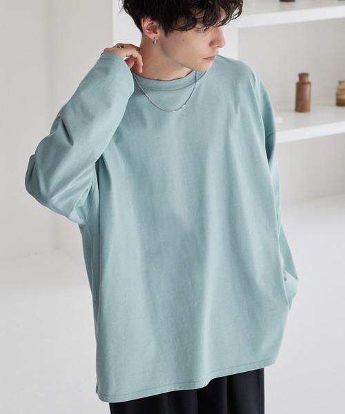 MONO-MART（モノマート）の「リラックスルーズベーシックT オーバーサイズ ラスティックコットン L/Sカットソー（Tシャツ/カットソー・メンズ・ホワイト/ブラック/ダークオリーブ/グレイッシュブルー/チャコール/ライトベージュ/ライトグレー/グレー系/ライトブルー/オリーブ/スモークピンク/パープル/ベージュ/ライトブラウン/ブラウン/ダークネイビー/スモークグレー/ライトグリーン/チェリーレッド/ダークブラウン/ダークブルー・M/L/S/XL）」の15枚目の写真