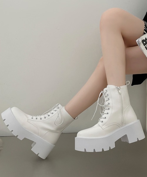 ホワイトプラットフォームブーツ 楽天市場】ブーツ ストレッチ 伸縮 ファスナー レースアップ