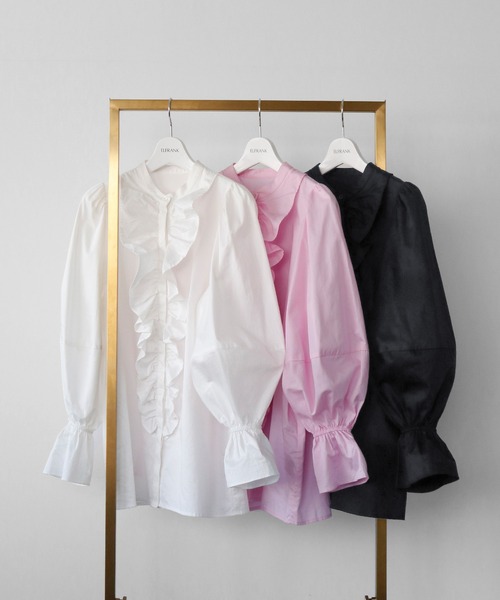 ELFRANK（エルフランク）の「【綿100％使用】フロントフリルボリューム袖チュニックブラウス【洗える】（シャツ/ブラウス・レディース・ブラック/オフホワイト/ピンク・FREE）」の6枚目の写真