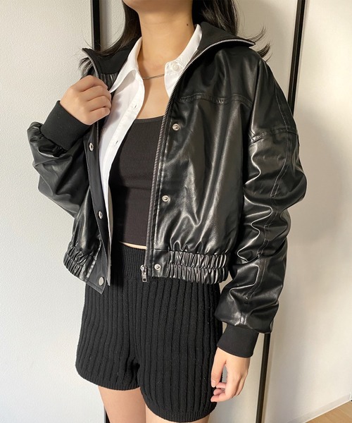 callautia（カラウティア）の「ハイネックレザーショートブルゾン（ブルゾン・レディース・ブラック/ライトベージュ/ブラウン・SMALL/MEDIUM/LARGE）」の5枚目の写真