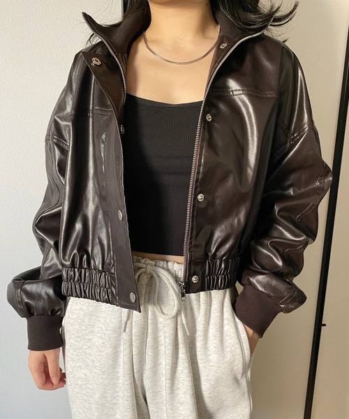 callautia（カラウティア）の「ハイネックレザーショートブルゾン（ブルゾン・レディース・ブラック/ライトベージュ/ブラウン・SMALL/MEDIUM/LARGE）」の15枚目の写真