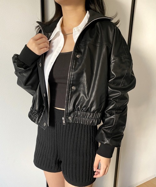 callautia（カラウティア）の「ハイネックレザーショートブルゾン（ブルゾン・レディース・ブラック/ライトベージュ/ブラウン・SMALL/MEDIUM/LARGE）」の17枚目の写真