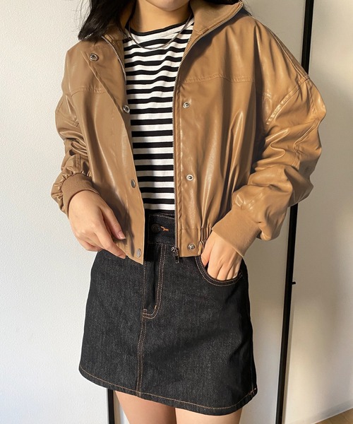 callautia（カラウティア）の「ハイネックレザーショートブルゾン（ブルゾン・レディース・ブラック/ライトベージュ/ブラウン・SMALL/MEDIUM/LARGE）」の21枚目の写真