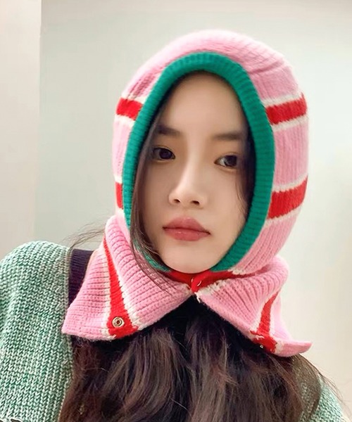 Felt-Maglietta(フェルトマリエッタ)の「ニットフードバラクラバ(ネックウォーマー/スヌード・レディース・グリーン/フューシャピンク/ピンク/ベージュ・FREE)」の4枚目の写真
