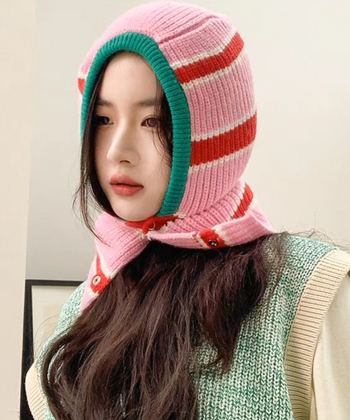 Felt-Maglietta(フェルトマリエッタ)の「ニットフードバラクラバ(ネックウォーマー/スヌード・レディース・グリーン/フューシャピンク/ピンク/ベージュ・FREE)」の14枚目の写真