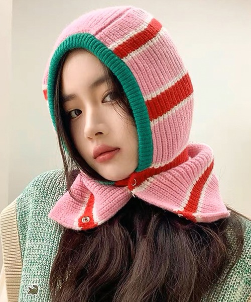 Felt-Maglietta(フェルトマリエッタ)の「ニットフードバラクラバ(ネックウォーマー/スヌード・レディース・グリーン/フューシャピンク/ピンク/ベージュ・FREE)」の15枚目の写真