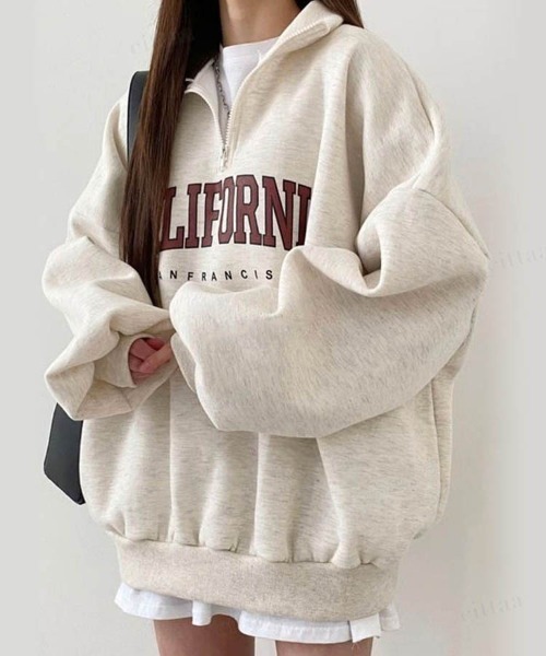 Dalfwin（ダールフィン）の「韓国ファッションCALIFORNIAロゴハーフジップオーバーサイズスウェット（スウェット・レディース・ブラック/カーキ/グレー/オートミール/グレー系その他2/ブラック系2/カーキ系2/ベージュ系2/グレー系2・FREE）」の7枚目の写真