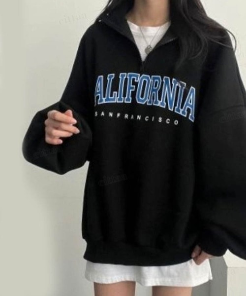 Dalfwin（ダールフィン）の「韓国ファッションCALIFORNIAロゴハーフジップオーバーサイズスウェット（スウェット・レディース・ブラック/カーキ/グレー/オートミール/グレー系その他2/ブラック系2/カーキ系2/ベージュ系2/グレー系2・FREE）」の13枚目の写真
