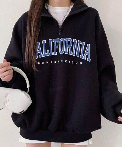 Dalfwin（ダールフィン）の「韓国ファッションCALIFORNIAロゴハーフジップオーバーサイズスウェット（スウェット・レディース・ブラック/カーキ/グレー/オートミール/グレー系その他2/ブラック系2/カーキ系2/ベージュ系2/グレー系2・FREE）」の12枚目の写真