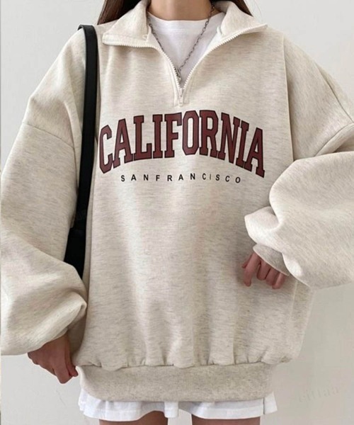 Dalfwin（ダールフィン）の「韓国ファッションCALIFORNIAロゴハーフジップオーバーサイズスウェット（スウェット・レディース・ブラック/カーキ/グレー/オートミール/グレー系その他2/ブラック系2/カーキ系2/ベージュ系2/グレー系2・FREE）」の21枚目の写真