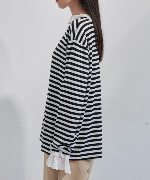 Libra Cue（リブラ キュー）の「リラックスボーダーカットソー（Tシャツ/カットソー・レディース・ベージュ/ベビーピンク/ブラック/ブルー/レッド/ブラウン・FREE）」の7枚目の写真