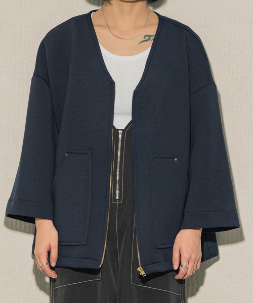 ottilie（オティーリエ）の「ottilie ダンボールコクーンジャケット（ノーカラージャケット・レディース・ナチュラル/ネイビー・FREE）」の14枚目の写真