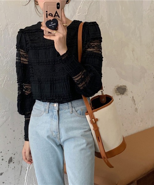 leune(ルネ)の「シャーリングレーストップス(Tシャツ/カットソー・レディース・ブラック・FREE)」の2枚目の写真
