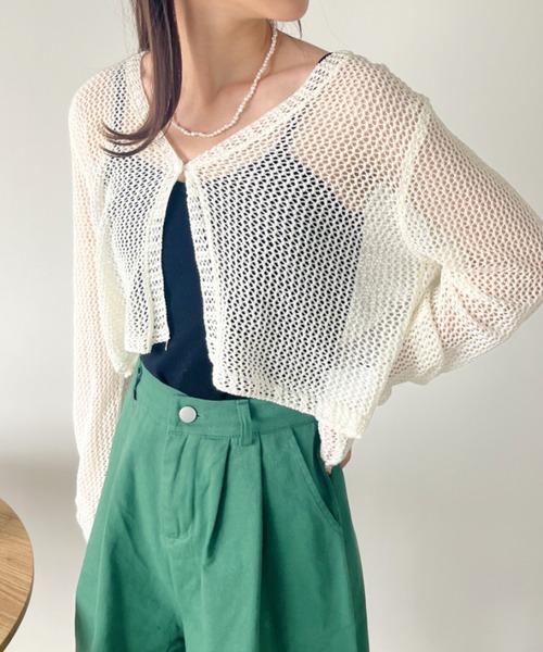 CLEA（クレア）の「メッシュシアー ショート丈カーディガン（カーディガン/ボレロ・レディース・ホワイト/ピンク/アイボリー/ブラック/ブルー・FREE）」の2枚目の写真