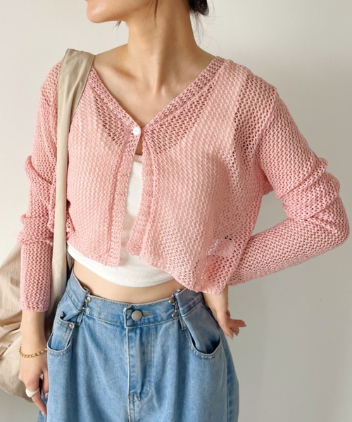 CLEA（クレア）の「メッシュシアー ショート丈カーディガン（カーディガン/ボレロ・レディース・ホワイト/ピンク/アイボリー/ブラック/ブルー・FREE）」の5枚目の写真