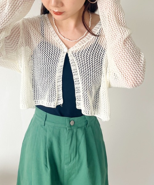 CLEA（クレア）の「メッシュシアー ショート丈カーディガン（カーディガン/ボレロ・レディース・ホワイト/ピンク/アイボリー/ブラック/ブルー・FREE）」の6枚目の写真