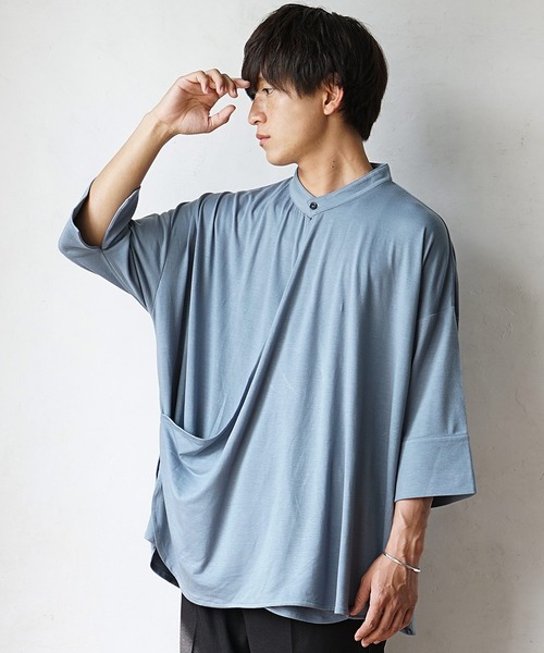 MinoriTY(マイノリティ)の「【MinoriTY】カシュクールプルオーバー半袖カットソーシャツ ノーカラーシャツ 七分袖 メンズ 夏服 秋服 Tシャツ プルオーバー(Tシャツ/カットソー・メンズ・ブラック/ブルー/カーキ・L/M/S)」の3枚目の写真