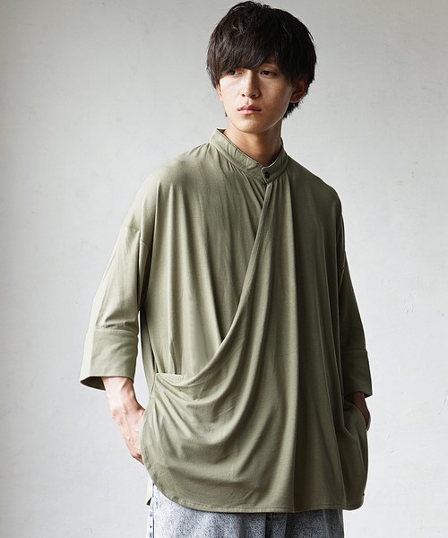 MinoriTY(マイノリティ)の「【MinoriTY】カシュクールプルオーバー半袖カットソーシャツ ノーカラーシャツ 七分袖 メンズ 夏服 秋服 Tシャツ プルオーバー(Tシャツ/カットソー・メンズ・ブラック/ブルー/カーキ・L/M/S)」の5枚目の写真