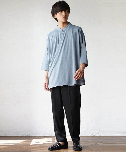 MinoriTY(マイノリティ)の「【MinoriTY】カシュクールプルオーバー半袖カットソーシャツ ノーカラーシャツ 七分袖 メンズ 夏服 秋服 Tシャツ プルオーバー(Tシャツ/カットソー・メンズ・ブラック/ブルー/カーキ・L/M/S)」の13枚目の写真