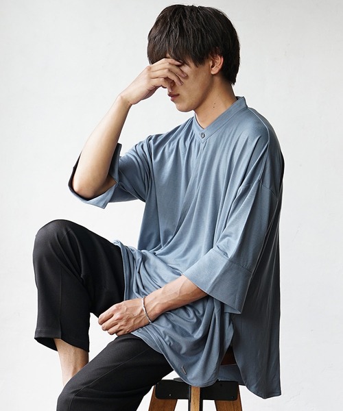 MinoriTY(マイノリティ)の「【MinoriTY】カシュクールプルオーバー半袖カットソーシャツ ノーカラーシャツ 七分袖 メンズ 夏服 秋服 Tシャツ プルオーバー(Tシャツ/カットソー・メンズ・ブラック/ブルー/カーキ・L/M/S)」の9枚目の写真