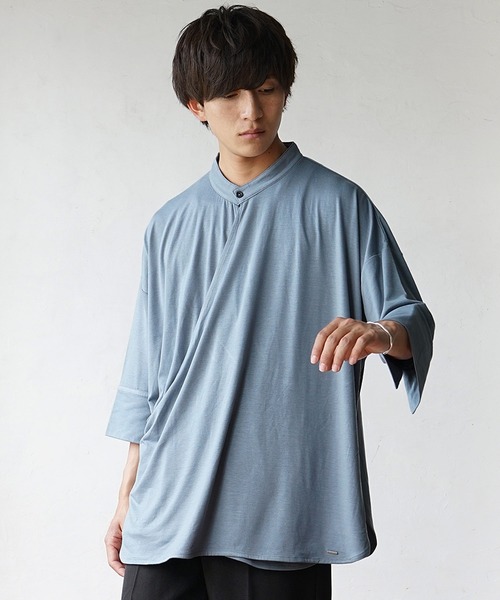 MinoriTY(マイノリティ)の「【MinoriTY】カシュクールプルオーバー半袖カットソーシャツ ノーカラーシャツ 七分袖 メンズ 夏服 秋服 Tシャツ プルオーバー(Tシャツ/カットソー・メンズ・ブラック/ブルー/カーキ・L/M/S)」の12枚目の写真