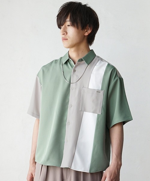 MinoriTY(マイノリティ)の「【MinoriTY】ルーズサイズカラー切替えレギュラーカラー半袖シャツ メンズ オーバーサイズ ルーズシルエット(シャツ/ブラウス・メンズ・ホワイト/グリーン/ブラック・M/L)」の3枚目の写真