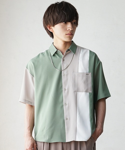 MinoriTY(マイノリティ)の「【MinoriTY】ルーズサイズカラー切替えレギュラーカラー半袖シャツ メンズ オーバーサイズ ルーズシルエット(シャツ/ブラウス・メンズ・ホワイト/グリーン/ブラック・M/L)」の9枚目の写真
