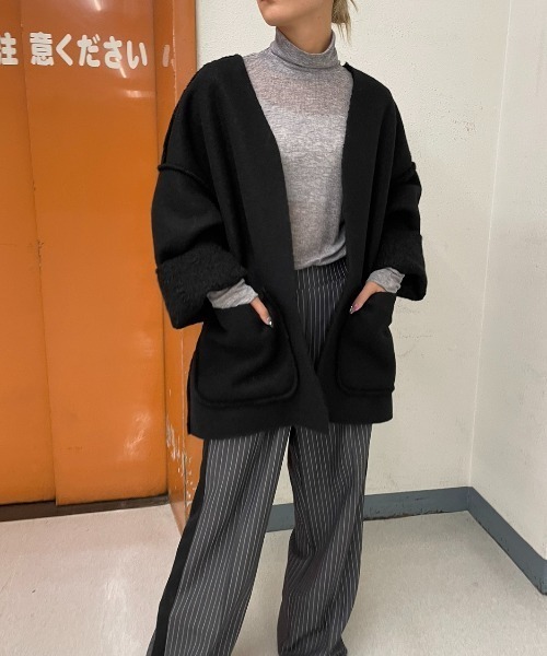 AIC.（エーアイシー）の「リバーシブルリングボアオーバージャケット（ノーカラージャケット・レディース・ブラック/ベージュ/グレー・FREE）」の16枚目の写真