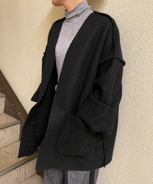 AIC.（エーアイシー）の「リバーシブルリングボアオーバージャケット（ノーカラージャケット・レディース・ブラック/ベージュ/グレー・FREE）」の15枚目の写真