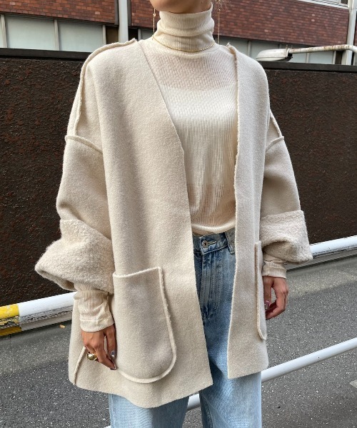 AIC.（エーアイシー）の「リバーシブルリングボアオーバージャケット（ノーカラージャケット・レディース・ブラック/ベージュ/グレー・FREE）」の5枚目の写真