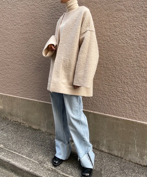 AIC.（エーアイシー）の「リバーシブルリングボアオーバージャケット（ノーカラージャケット・レディース・ブラック/ベージュ/グレー・FREE）」の14枚目の写真