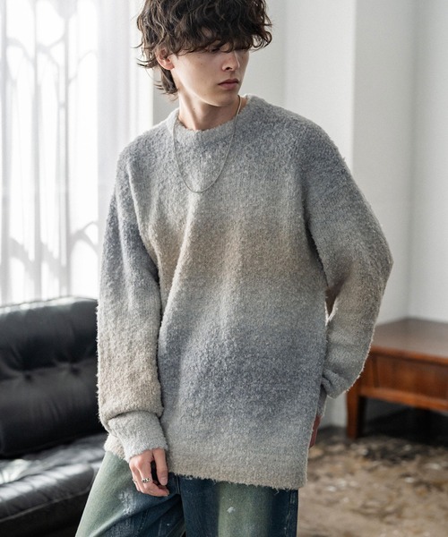 Rocky Monroe（ロッキーモンロー）の「新色追加 オーバーサイズ ウール混ブークレー段染めグラデーションボーダー柄クルーニットセーター（ニット/セーター・メンズ・ブラック/オレンジ/ブルー/ナチュラル/ブラウン/マスタード/レッド/パープル/イエロー・M/L）」の16枚目の写真