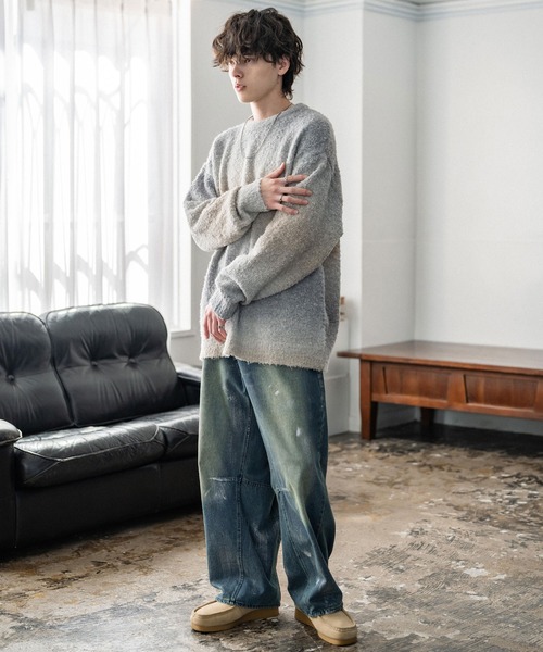 Rocky Monroe（ロッキーモンロー）の「新色追加 オーバーサイズ ウール混ブークレー段染めグラデーションボーダー柄クルーニットセーター（ニット/セーター・メンズ・ブラック/オレンジ/ブルー/ナチュラル/ブラウン/マスタード/レッド/パープル/イエロー・M/L）」の17枚目の写真