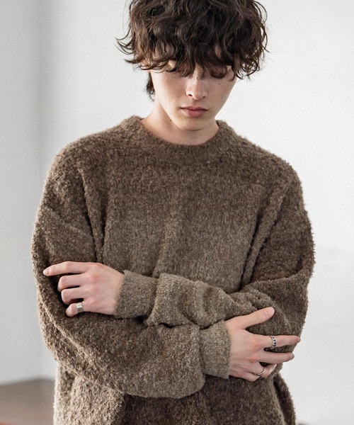 Rocky Monroe（ロッキーモンロー）の「新色追加 オーバーサイズ ウール混ブークレー段染めグラデーションボーダー柄クルーニットセーター（ニット/セーター・メンズ・ブラック/オレンジ/ブルー/ナチュラル/ブラウン/マスタード/レッド/パープル/イエロー・M/L）」の12枚目の写真