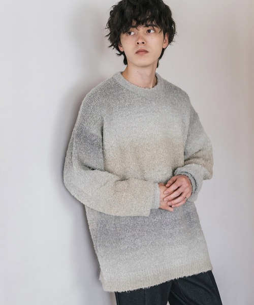 Rocky Monroe（ロッキーモンロー）の「新色追加 オーバーサイズ ウール混ブークレー段染めグラデーションボーダー柄クルーニットセーター（ニット/セーター・メンズ・ブラック/オレンジ/ブルー/ナチュラル/ブラウン/マスタード/レッド/パープル/イエロー・M/L）」の20枚目の写真