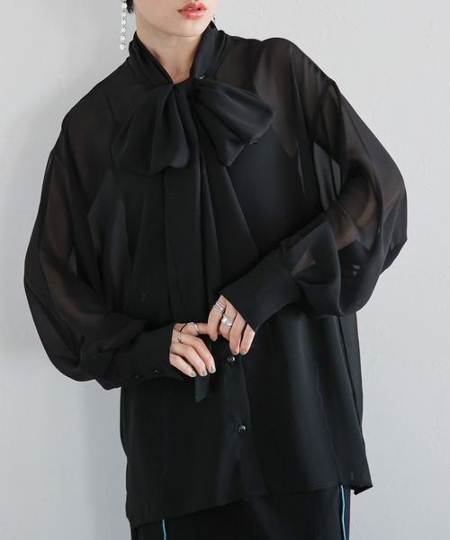 RAGEBLUE（レイジブルー）の「BIGリボン/袖ボリュームシアーボウタイブラウス（シャツ/ブラウス・レディース・ホワイト/ブラック・FREE）」の2枚目の写真
