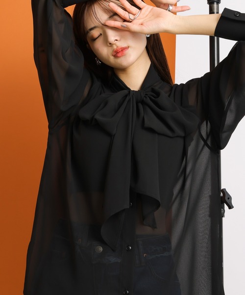 RAGEBLUE（レイジブルー）の「BIGリボン/袖ボリュームシアーボウタイブラウス（シャツ/ブラウス・レディース・ホワイト/ブラック・FREE）」の5枚目の写真