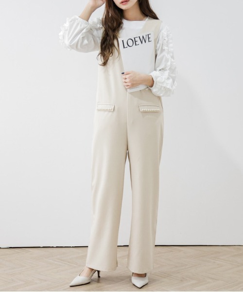 AMELY(エミリー)の「パールポケットサロペット(サロペット/オーバーオール・レディース・ブラック/ベージュ系/ミント/グレイッシュベージュ・L/M)」の3枚目の写真