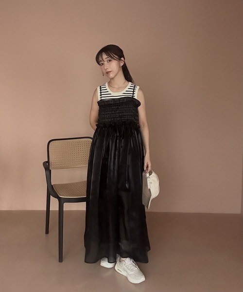 I_am（アイアム）の「tulle shirring camisole ops / チュールシャーリングキャミソールワンピース（ワンピース・レディース・ブラック/アイボリー・FREE）」の6枚目の写真
