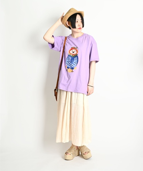 MARAI（マーライ）の「鳥 アニマルプリント ビッグシルエット 半袖Tシャツ（Tシャツ/カットソー・レディース・ホワイト/ブラウン/パープル/ネイビー・FREE）」の21枚目の写真
