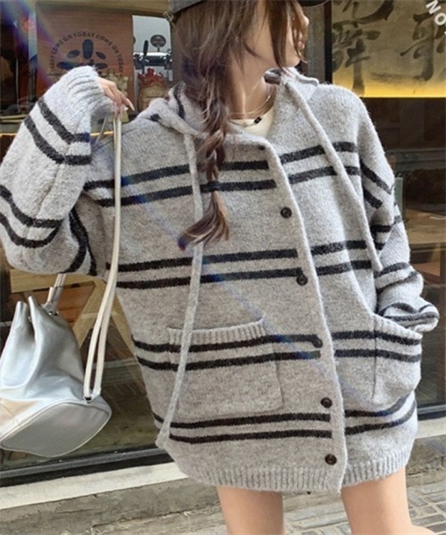 FREE STYLISTS(フリー スタイリスト)の「ゆったりサイズ ボーダー柄ニットカーディガン(カーディガン/ボレロ・レディース・ブラウン/オフホワイト/グレー・FREE)」の19枚目の写真