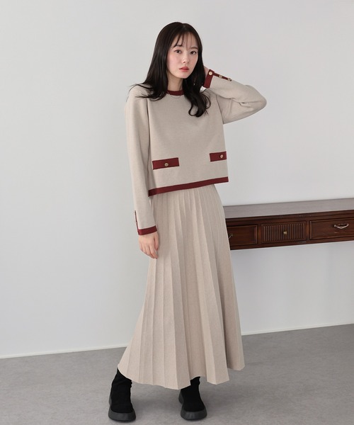 新色追加》配色ニットプルオーバー＆プリーツスカート（ワンピース