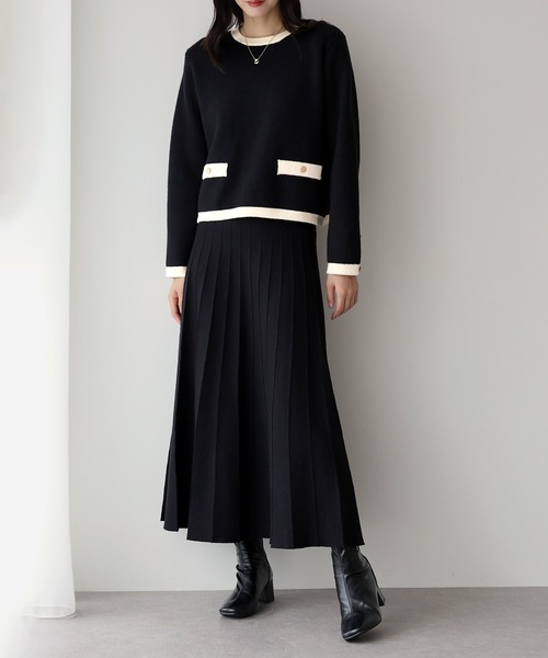 ブルーイースト（BLUEEAST）/配色ニット＆プリーツスカート セール】《新色追加》配色ニットプルオーバー＆プリーツスカート