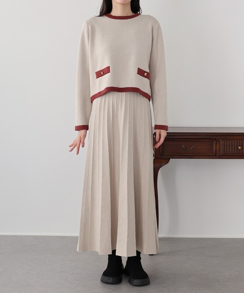 新色追加》配色ニットプルオーバー＆プリーツスカート（ワンピース