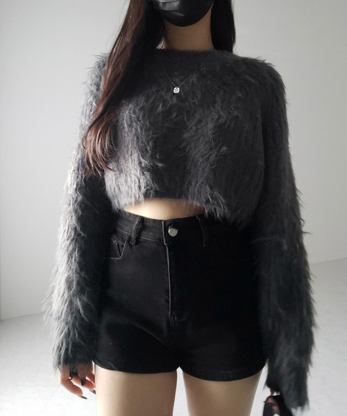 me+em select(ミームセレクト)の「【 3color 】モヘアライクショートシャギーニット / mohair-like short shaggy knit(ニット/セーター・レディース・ブラック/ホワイト/グレー・FREE)」の5枚目の写真