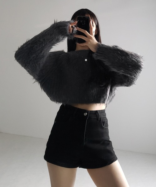 me+em select(ミームセレクト)の「【 3color 】モヘアライクショートシャギーニット / mohair-like short shaggy knit(ニット/セーター・レディース・ブラック/ホワイト/グレー・FREE)」の7枚目の写真